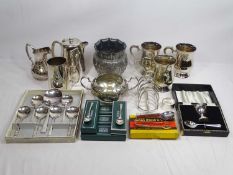 PRESENTATION & OTHER SILVER PLATED WARE and five silver teaspoons with golf club details to the
