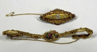 VICTORIAN JEWELLERY ITEMS (2) - a 15ct diamond set bar brooch with hair window verso, 5cms across,
