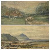 STYLE OF DAVID COX watercolour study - a shepherd moving sheep adjacent to a country cottage,