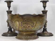 LARGE SILVER PLATED PUNCH BOWL with lion mask handles, 32cms diameter and a pair of Georgian style