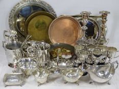 EPNS TRAYS, GRAVY BOATS & OTHER TABLEWARE, small presentation trophies, a pair of EP on copper