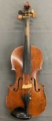 ANTIQUE VIOLIN - in hard case with bow labelled P & H, London, length of back 35.5cms, length in