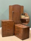 MID-CENTURY POLISHED OAK FURNITURE to include single door wardrobe, 186cms H, 92cms W, 48cms D, four