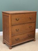ANTIQUE OAK CHEST of three long and deep drawers, on bun feet, 102cms H, 102cms W, 47cms D