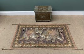 EASTERN TYPE WALL HANGING TAPESTRY with raised images of elephants and riders, 84 x 150cms and a