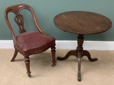 ANTIQUE OAK CIRCULAR TILT TOP TABLE on a tripod base, 73cms diameter, 77cms H and a rexine seated
