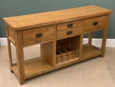 MODERN LIGHT OAK SIDEBOARD having four drawers over a central wine rack, 82cms H, 160cms W, 44cms D