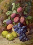 VINCENT CLARE watercolour - Still Life fruit, peaches, grapes and apples by a mossy bank, signed, 28