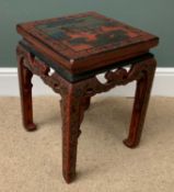 CHINESE OCCASIONAL TABLE - lacquered and painted with warriors, 47cms H, 35cms W, 35cms D