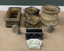 GARDEN STONEWARE - cylindrical planter, 40 x 44cms, an oblong planter, 25 x 71 x 35cms, a pair of