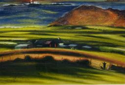 WIL ROWLANDS fine large, coloured print - coastal scene with distant lighthouse and farmstead with