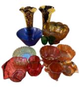 COLOURFUL GLASSWARE - a quantity to include Cranberry glass jug and bowl, four items of Carnival