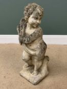OFFERED WITH LOT 39 - GARDEN STONEWARE - large ornament of a young boy sitting on a tree stump,
