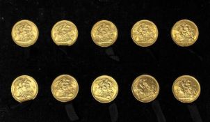 UNCIRCULATED AS STRUCK CASED SET OF 10 FULL GOLD SOVEREIGNS - dated 1957, 58, 59, 62, 63, 64, 65,