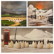 STAN MILNE prints, three - comical depictions of sheep in various locations, 24 x 24cms (the pair)