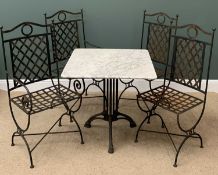GARDEN FURNITURE - marble square topped table on a metal single pedestal base with four metal