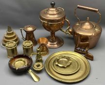 ANTIQUE COPPER KETTLES, TEA URN, other brass and copper items, ETC
