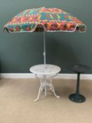 GARDEN FURNITURE - white painted reticulated metal circular top table with parasol, 67 x 67cms and a