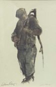 WILLIAM SELWYN print - standing farmer with scythe over his shoulder, signed in pencil, 19 x 13cms