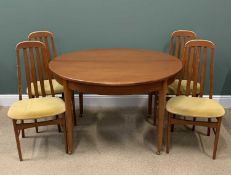 MID-CENTURY TEAK TYPE DINING TABLE - 77cms H, x122cms x 160cms (open), four chairs stamped 'H B'