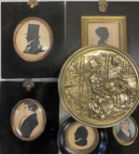 GEORGIAN & LATER PORTRAIT MINIATURES & SILHOUETTES (5) and a circular brass lidded box with repousse