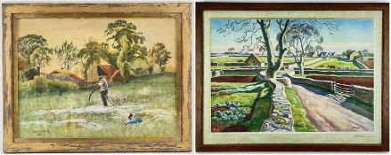 FOLLOWER OF FRED HINES (1875-1928), watercolour - Sharpening the Scythe, signed and dated 1886, 31.5