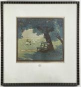 ‡ HELENE MASS (German, 1871-1955), woodblock print - Bench under the Tree, signed in pencil, (I)