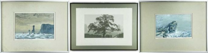 ‡ ROBERT HAY, gouache - Portland Bill, Dorset, and Old Harry Rocks, Dorset, in Winter, signed and