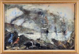 ‡ EVAN JOHN oil on board - inscribed verso 'Ships involved Frigete la Resistance, la Venqeuce, la