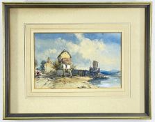 FOLLOWER OF DAVID COX, watercolour - riverbank with cottages and figures, signed with initials, '
