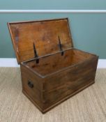 VINTAGE STAINED PINE BLANKET BOX, black painted handles, 98cm w