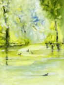 ‡ MORWENNA JONES acrylic on paper stamped on canvas - entitled 'The Lake', 30 x 23cms, white