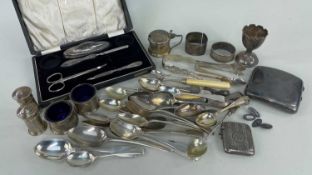 ASSORTED SILVER & COLLECTABLES including five-piece cruet set, vesta case, cigarette case,