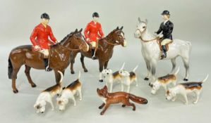 BESWICK FOX HUNTING GROUP, comprising huntswoman on grey horse model no. 1730, two huntsman on bay