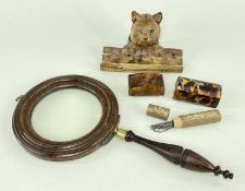 GROUP OF COLLECTIBLES including 19thC rosewood gallery glass, 2 small mid-19th Century tortoiseshell