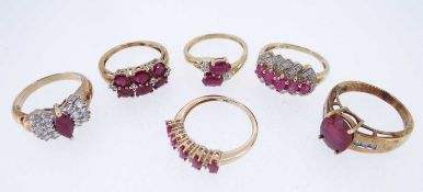SIX 9K GOLD GEM SET RINGS, including diamond chips and rubies, 19.6gms gross (6) Provenance: private