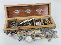 ASSORTED COSTUME JEWELLERY comprising gold plated open faced pocket watch, cuff bangle, various