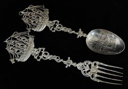 PAIR DUTCH WHITE METAL SERVING SPOON & FORK, Sheffield hallmarks for 1901, 17thC-style galleon