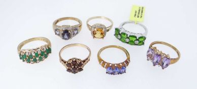SEVEN 9K GOLD GEM SET RINGS, set with an assortment of semi-precious gem stones, one set with