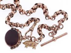 9CT GOLD WATCH CHAIN, having T bar, yellow metal pig charm and 9ct gold bloodstone and carnelian