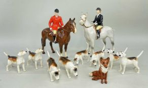 BESWICK FOX HUNTING GROUP, comprising huntswoman on grey model no.1730, huntsman on bay model no.