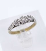 18CT GOLD & PLATINUM THREE STONE DIAMOND ILLUSION SET RING, ring size L, 2.1gms, in J. J. Lewis of