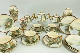 JAPANESE SATSUMA TEASET, signed Hyozan, for six place settings, including teapot, milk, sugar, 6