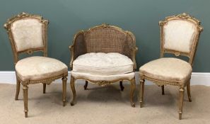 FRENCH STYLE FURNITURE comprising two gilt painted salon chairs, 95cms H, 48cms W, 38cms D and a