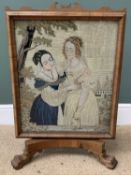 TAPESTRY FIRESCREEN, a fine antique walnut example depicting two ladies, on claw feet, 82cms H,