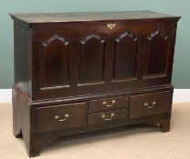 GEORGIAN OAK MULE CHEST having four carved arched panels over a four drawer base, 111cms H, 141cms