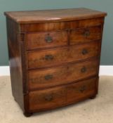 VICTORIAN MAHOGANY BOW FRONT CHEST of two over three drawers, on bun feet, 110cms H, 104cms W, 62cms
