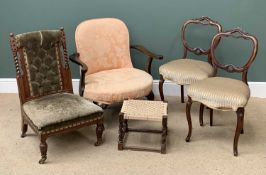 ANTIQUE CHAIR ASSORTMENT comprising upholstered nursing type chair, pink upholstered armchair and