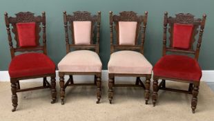EDWARDIAN PARLOUR CHAIRS, set of four carved oak, two upholstered in pink, two upholstered in red,