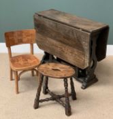 ANTIQUE OAK GATELEG TABLE, 73cms H, 121cms W (extended), 91cms D, an oval topped milking stool and a